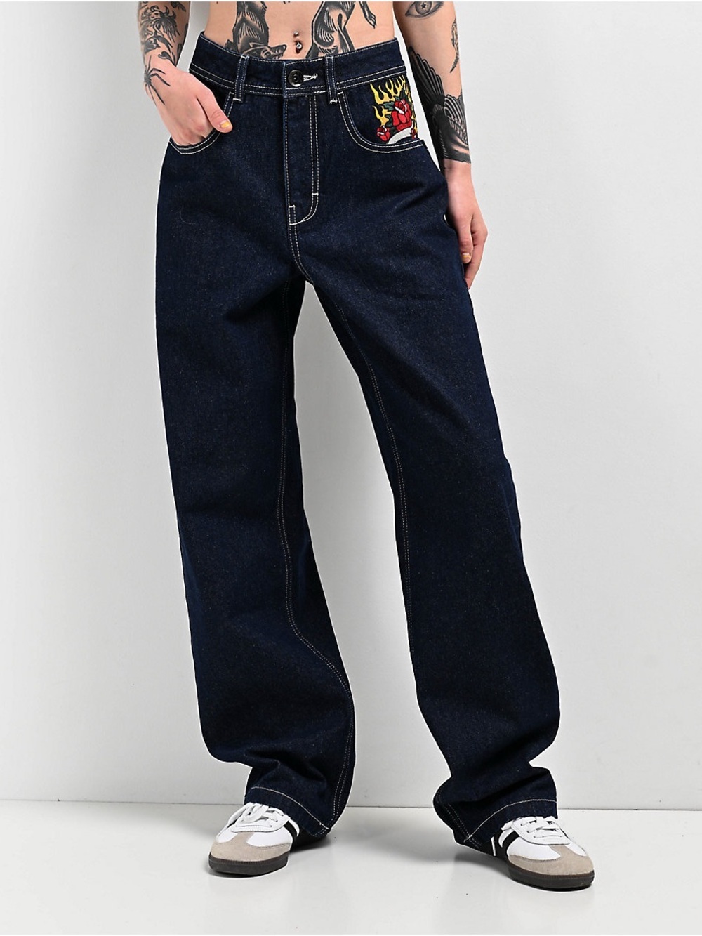 Ninth Idle Hall Y2K Wide Leg Jeans Embroidered Flame Rose Dark Wash Sz 6 - Picture 2 of 15
